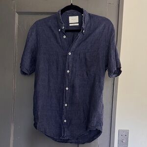 Billy Reid Navy Blue Linen Short-Sleeve Button-Down Shirt